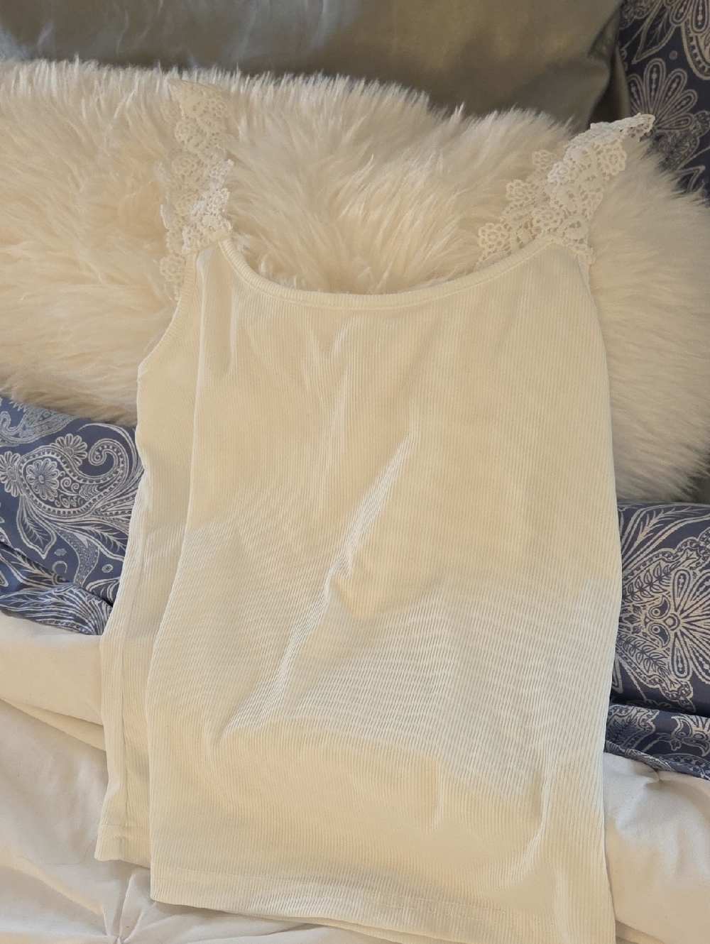 Cream Lace Strap Ribbed Tank Top